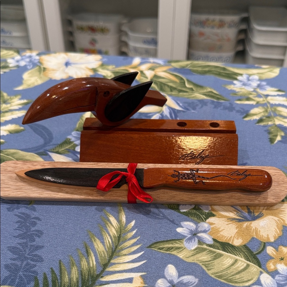 Wooden Decorative Letter Opener with Bird Business Card Pen Stand